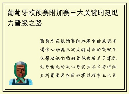 葡萄牙欧预赛附加赛三大关键时刻助力晋级之路