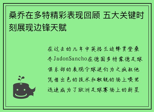 桑乔在多特精彩表现回顾 五大关键时刻展现边锋天赋 桑乔在多特精彩表现回顾 五大关键时刻展现边锋天赋