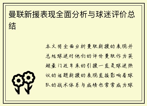 曼联新援表现全面分析与球迷评价总结