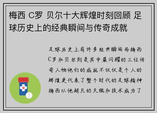 梅西 C罗 贝尔十大辉煌时刻回顾 足球历史上的经典瞬间与传奇成就